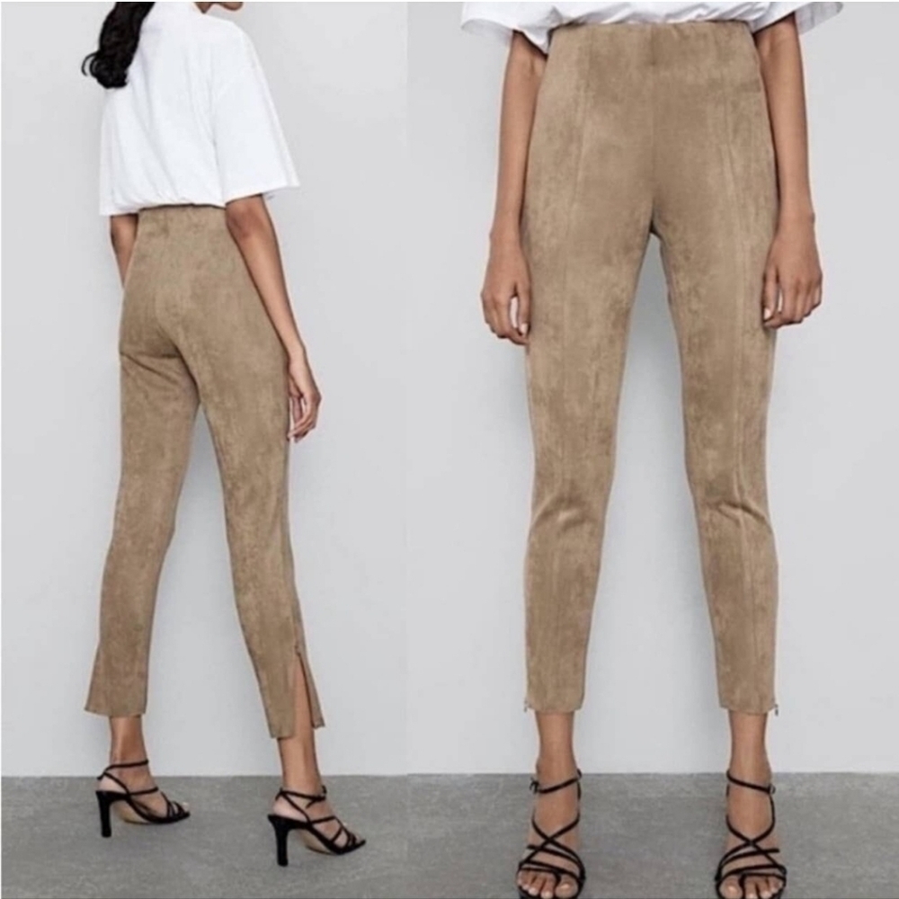 Zara Faux Suede High Rise‎ cropped Pants tan Size L